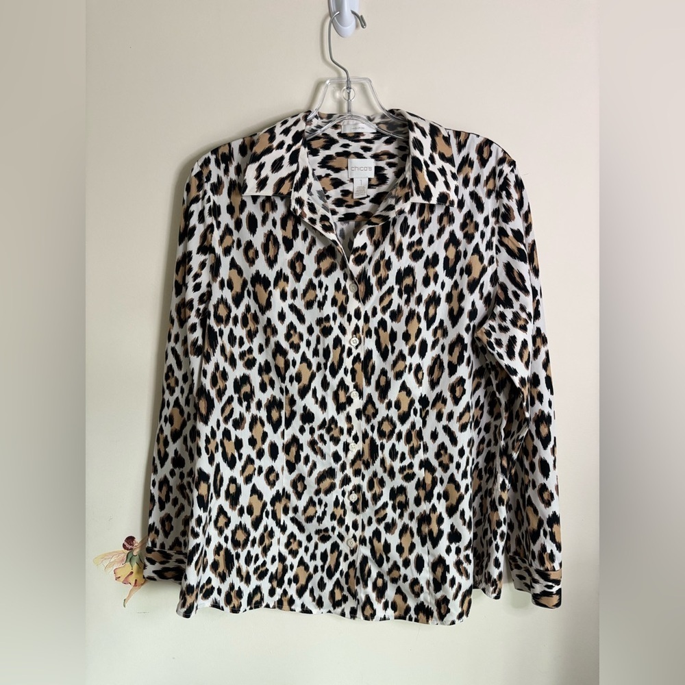 Chico's Blouse Top Size 1(M) Animal/Leopard Print Button-Down Long sleeve Cotton - Picture 3 of 11
